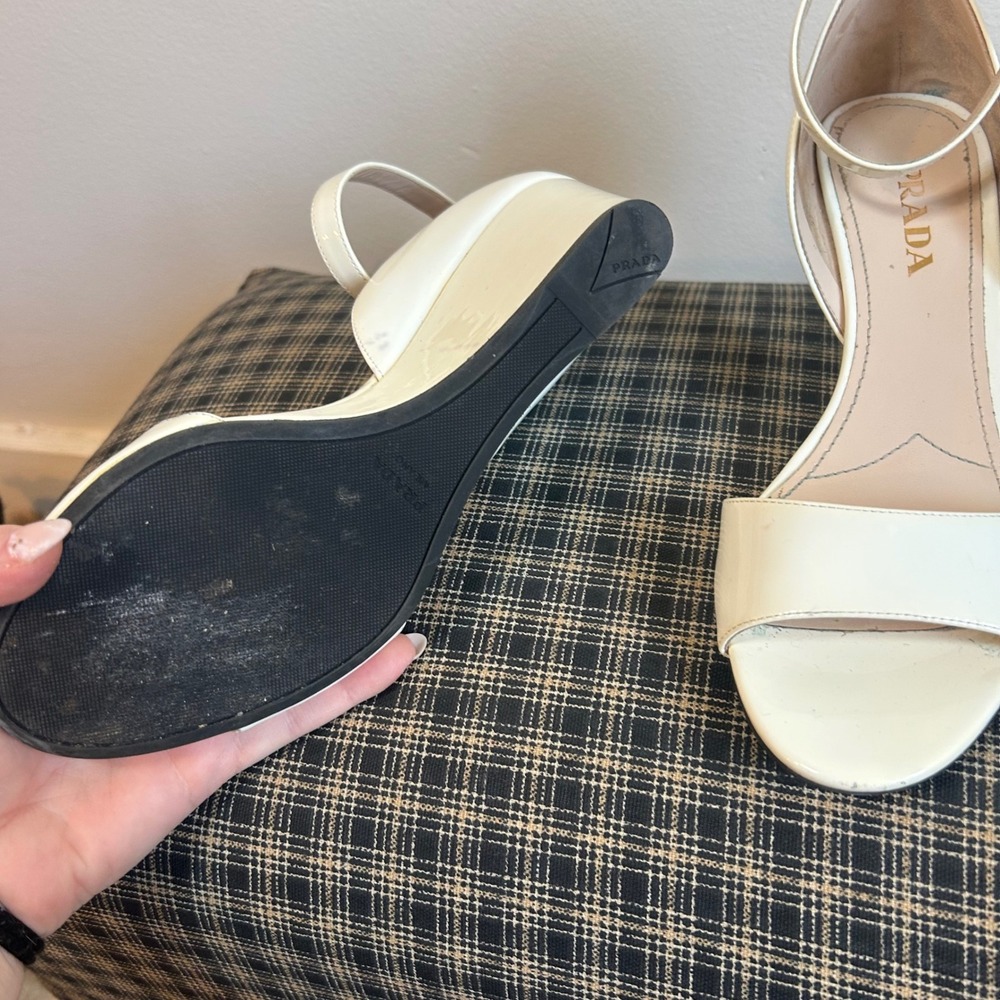 Prada White Patent Leather Wedge Sandals Ankle Strap Heels Women Size 7‎ - Picture 3 of 8